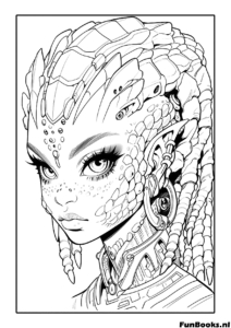 Chica de fantasía mística con piel texturizada o escamas personaje alienígena dibujo para colorear