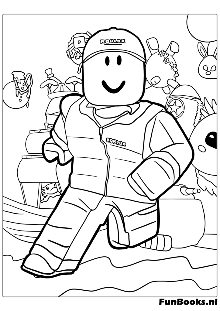 Un personnage Roblox souriant courant vite dans un obby parkour coloriage
