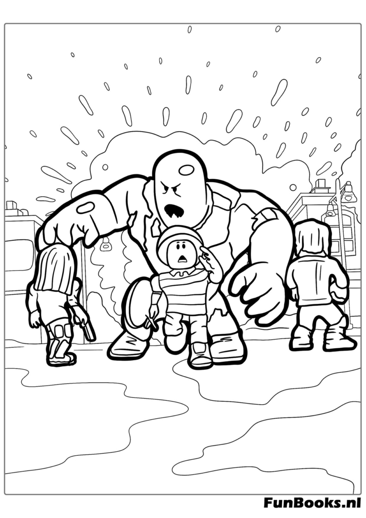 Monstruo jefe gigante luchando contra pequeños jugadores de Roblox dibujo para colorear