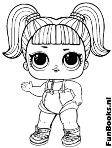 Mignonne poupée LOL portant une salopette en jean et des couettes coloriage