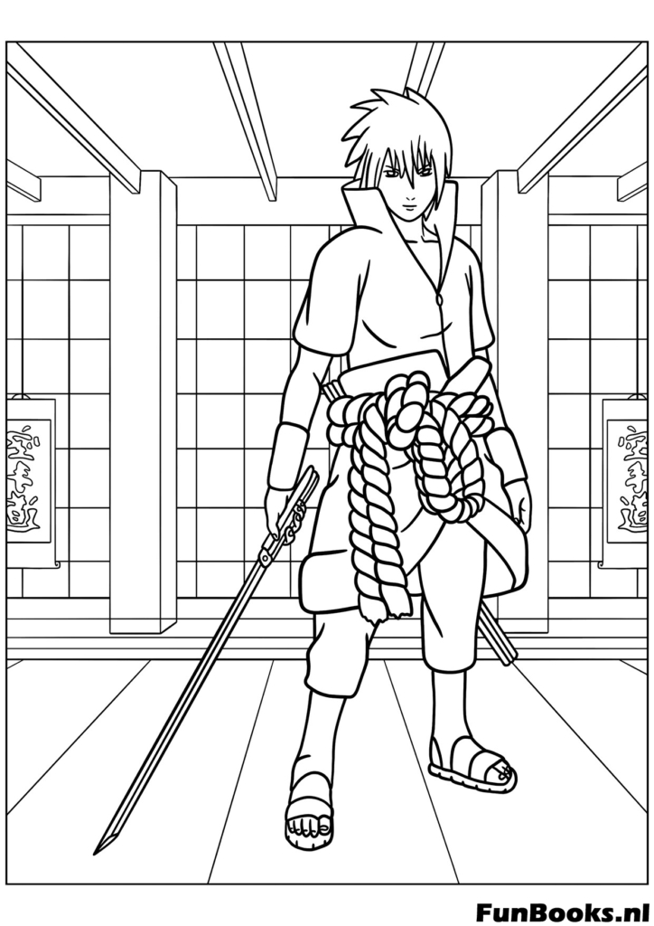 Sasuke Uchiha tenant son épée prêt pour le combat pose cool anime coloriage