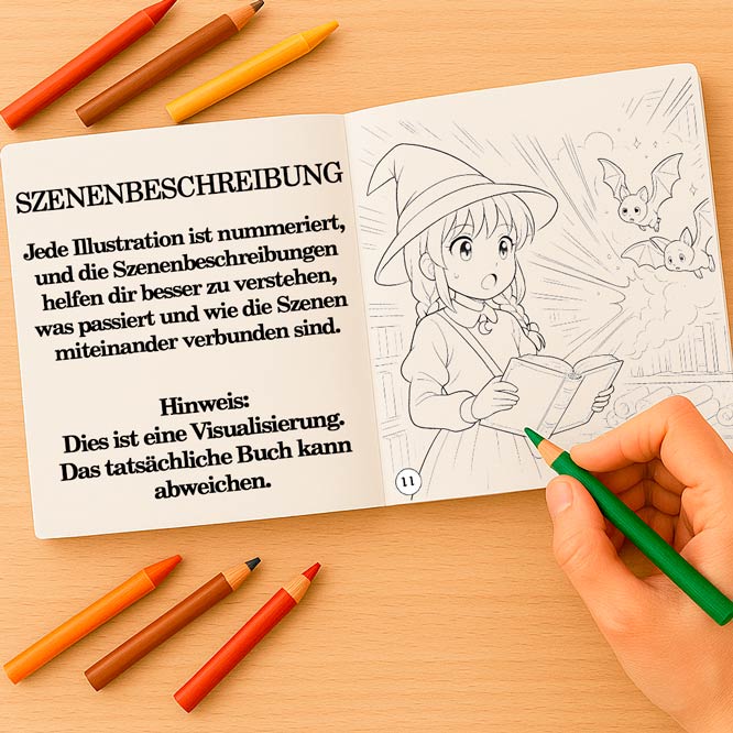 Hella und der Halloween-Zauberspruch | Malbuch Aufgeschlagenes Malbuch mit nummerierten Szenen, die durch die Geschichte führen.