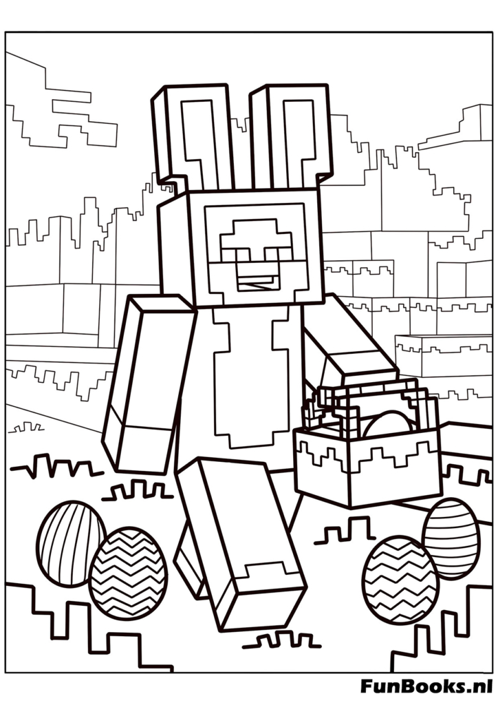 Personaje de Minecraft con lindo disfraz de conejo de Pascua dibujo para colorear