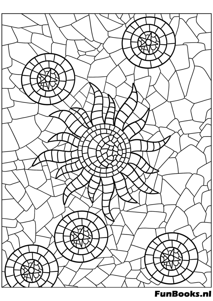 Soleil abstrait et éléments du ciel dans un motif de mosaïque de verre brisé coloriage