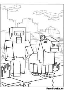 Steve debout à côté d'un cheval apprivoisé dans Minecraft scène nature coloriage
