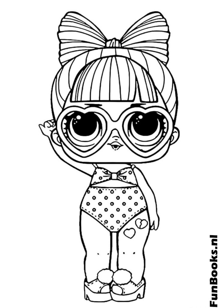 Linda muñeca LOL vistiendo un traje de baño y un gran lazo en la cabeza dibujo para colorear