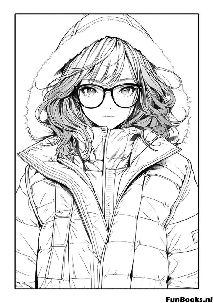 Fille anime avec des lunettes portant une épaisse doudoune d'hiver coloriage