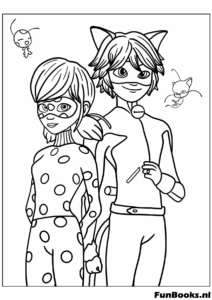 ladybug en cat noir kleurplaten, miraculous kleurplaten printen, tikki en plagg kleurplaat, marinette en adrien tekeningen, gratis ladybug kleurplaten