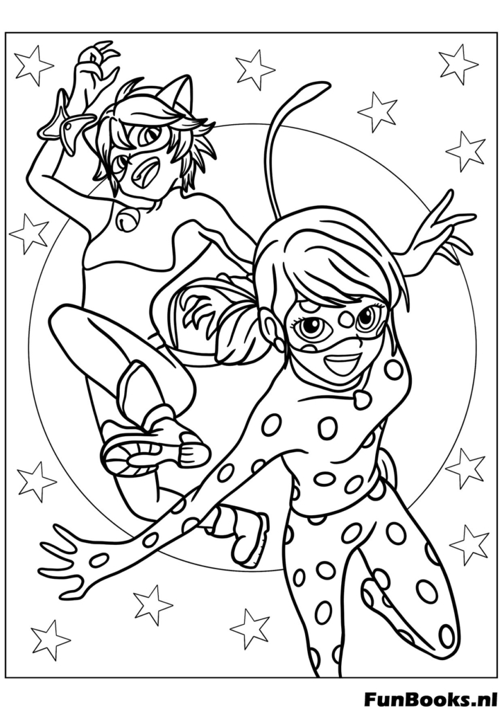 ladybug en cat noir kleurplaten, miraculous kleurplaten printen, tikki en plagg kleurplaat, marinette en adrien tekeningen, gratis ladybug kleurplaten