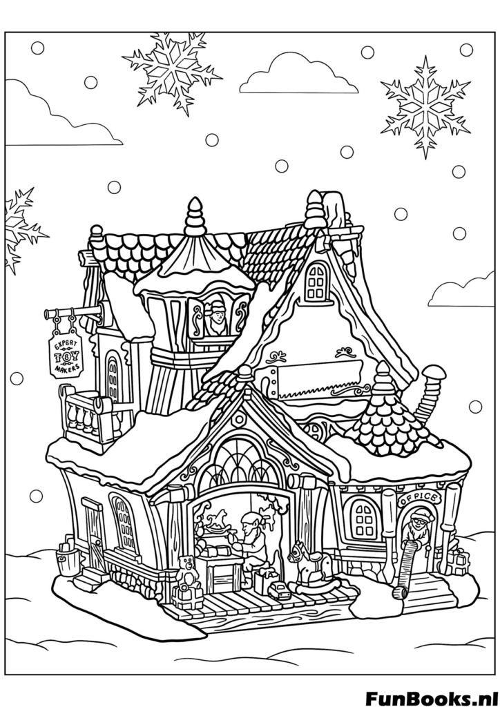 Cabaña de madera acogedora detallada cubierta de nieve espesa paisaje de invierno arquitectura dibujo para colorear