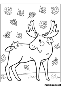 Lindo alce con hojas pegadas en sus astas de pie en el bosque dibujo para colorear