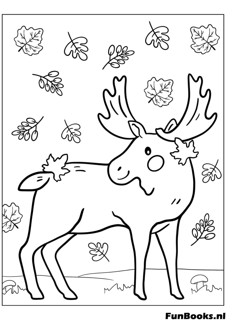 Lindo alce con hojas pegadas en sus astas de pie en el bosque dibujo para colorear