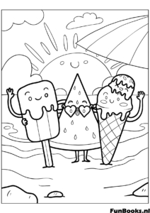 Trois personnages de glace heureux se tenant la main sur la plage coloriage de nourriture drôle