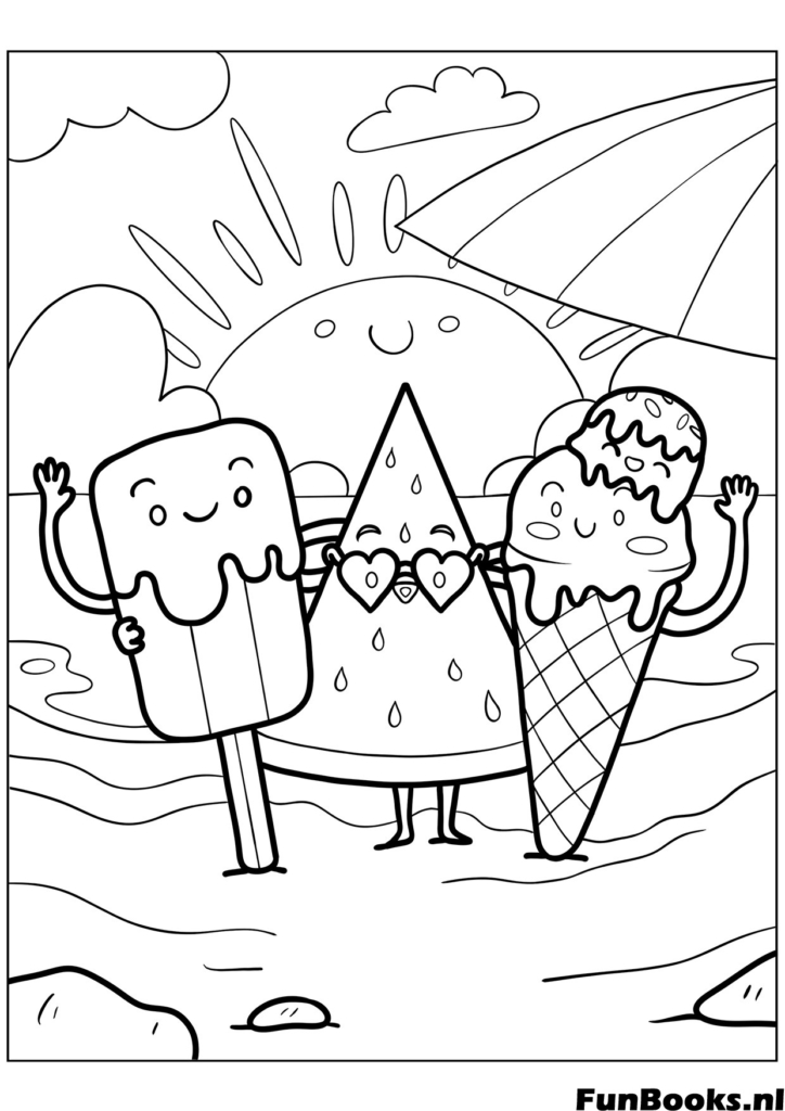 Trois personnages de glace heureux se tenant la main sur la plage coloriage de nourriture drôle