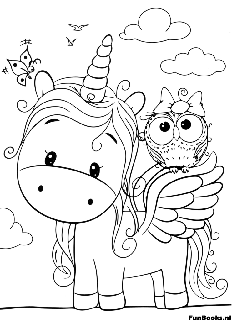 Mignonne licorne debout avec un petit ami hibou sur son dos amitié coloriage