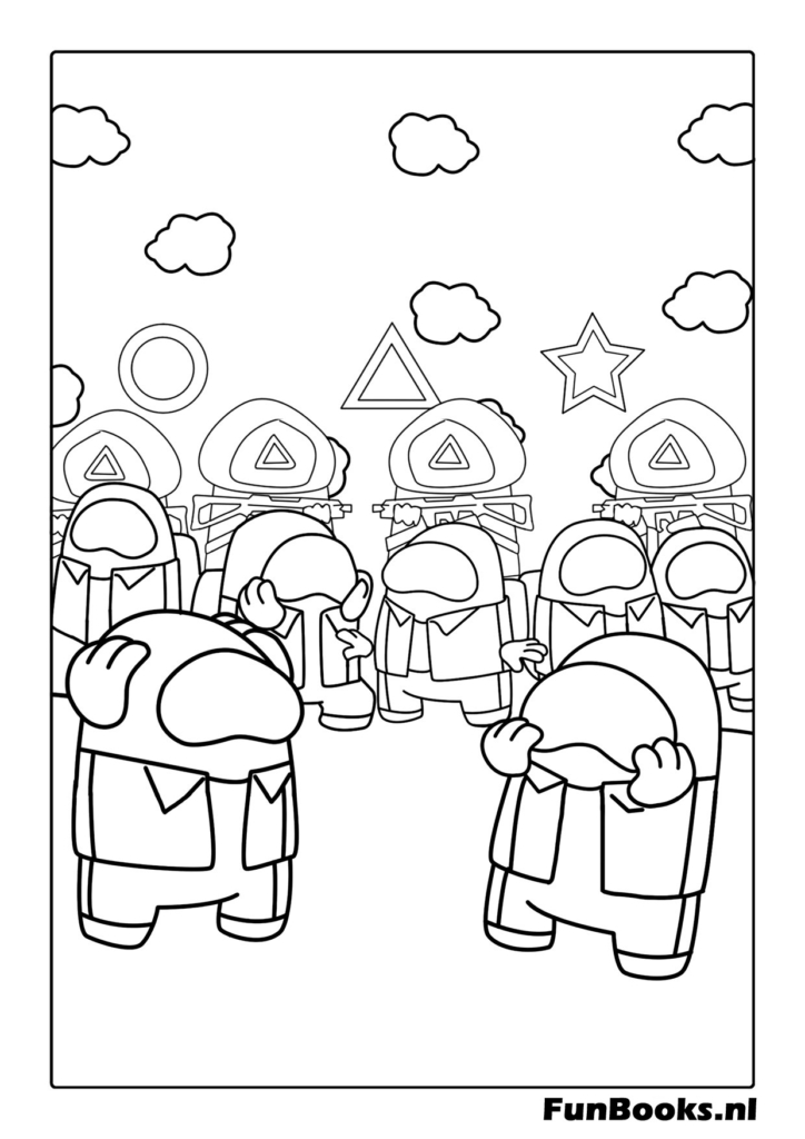 Crossover drôle de membres d'équipage Among Us déguisés en gardes et joueurs Squid Game debout en groupe Squid Game coloriage