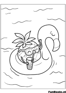 Ananas cool portant des lunettes de soleil flottant sur une bouée flamant rose coloriage