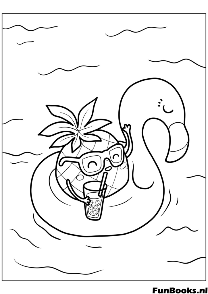 Ananas cool portant des lunettes de soleil flottant sur une bouée flamant rose coloriage