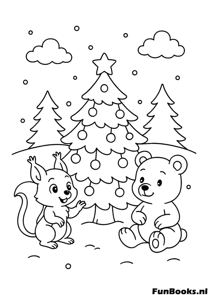 Ardilla y oso sentados cerca de un árbol de Navidad decorado en el bosque lindos animales dibujo para colorear