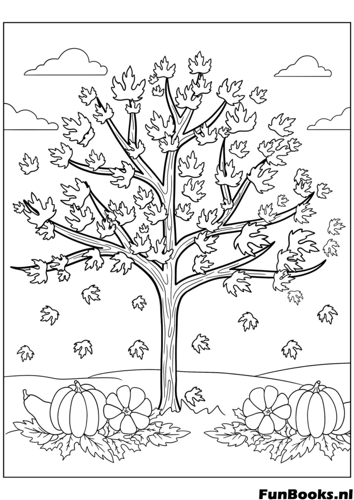 Grand arbre d'automne avec des citrouilles à la base saison de récolte coloriage