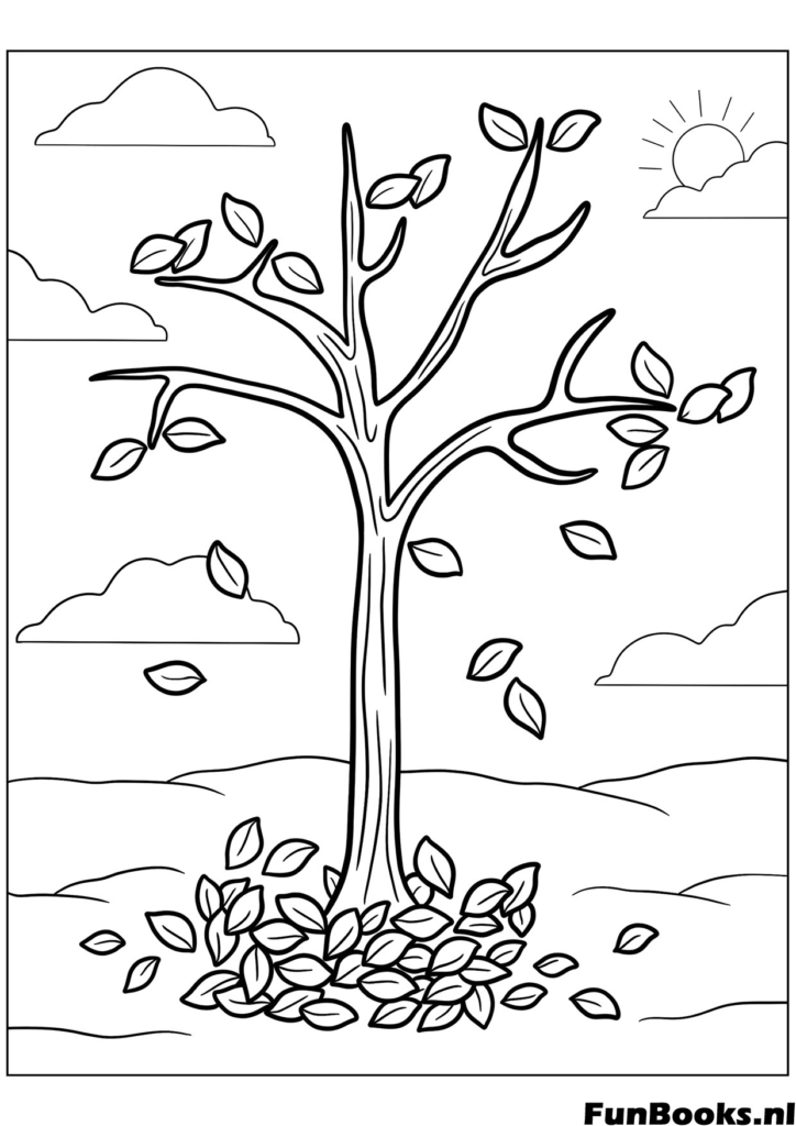 Arbre perdant ses dernières feuilles se préparant pour l'hiver nature coloriage
