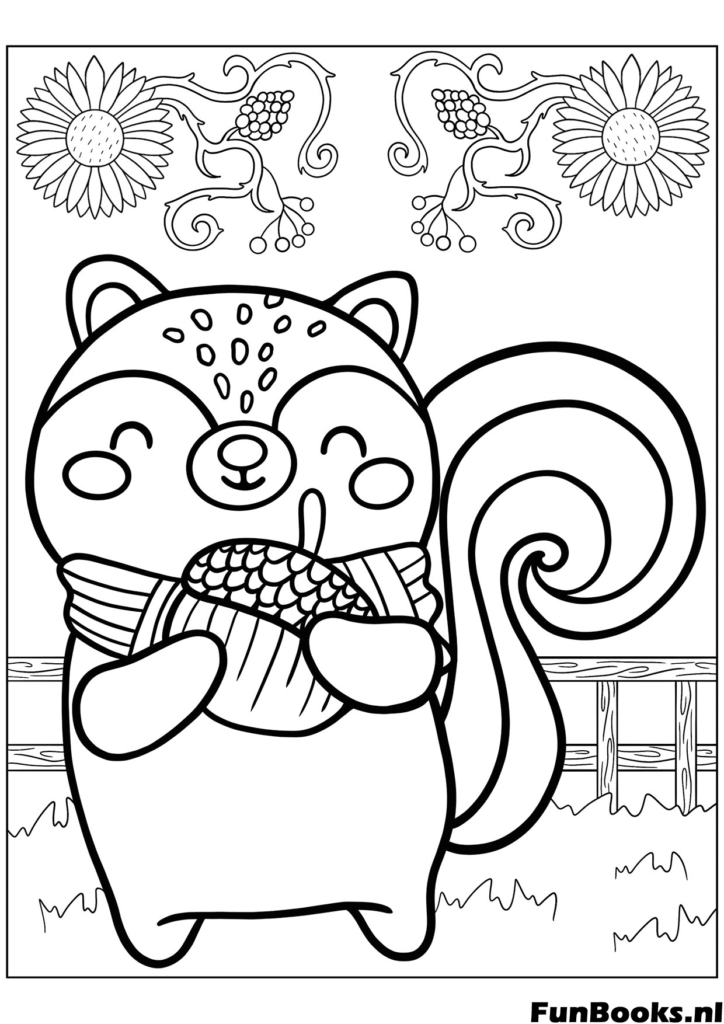 Ardilla usando una bufanda sosteniendo una nuez lista para el invierno lindo animal dibujo para colorear