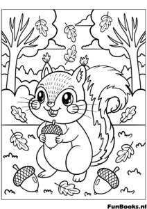 Ardilla alegre de pie entre hojas de roble y bellotas animal de otoño dibujo para colorear