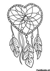 Design complexe d'attrape-rêves cœur tissé avec perles et plumes coloriage pour adultes