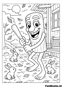 Tung Tung Sahur bamboo character holding a stick with bunnies and falling leaves nature coloring page