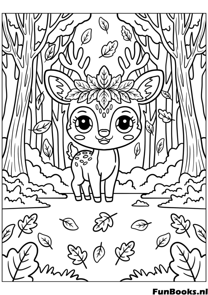 Cute baby deer fawn standing in the autumn woods nature coloring page