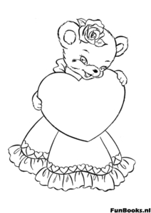 Lieber Teddybär im Kleid hält ein riesiges leeres Herz für deine Nachricht Ausmalbild