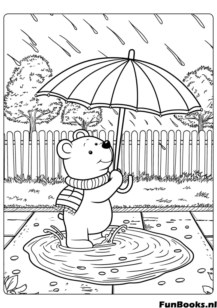 Süßer Bär hält einen Regenschirm und steht in einer Pfütze bei Herbstregen Ausmalbild