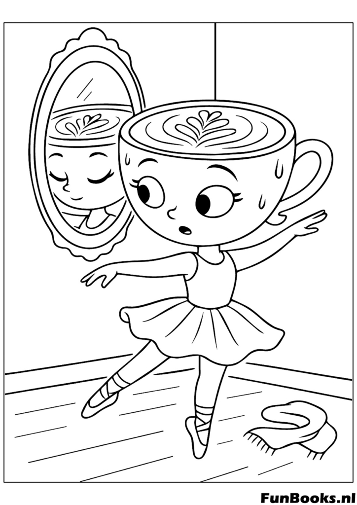 Linda Bailarina Capuchino mirando su reflejo en el espejo practicando pasos de baile dibujo para colorear