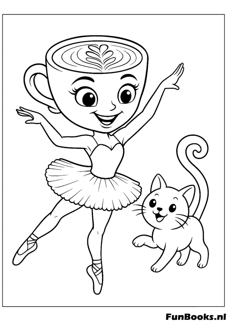 Happy Ballerina Cappuccino dancing with a cute little cat pet playful coloring page