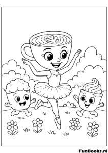 Ballerina Cappuccino mit Babys Ausmalbild Mutter Cappuccino tanzt mit zwei kleinen Baby-Tassen Familien-Ausmalbild