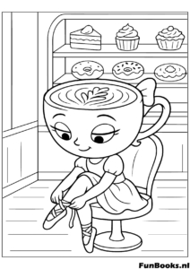 Kleine Cappuccino ballerina zit in een bakkerij en trekt haar balletschoenen aan kleurplaat