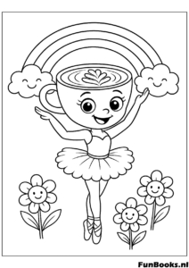Joyeux personnage Cappuccino dansant sous un arc-en-ciel avec des fleurs coloriage printemps