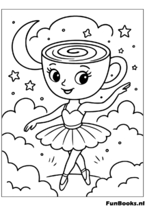 Rêveuse Ballerine Cappuccino dansant sur des nuages entourée d'étoiles et de lune coloriage