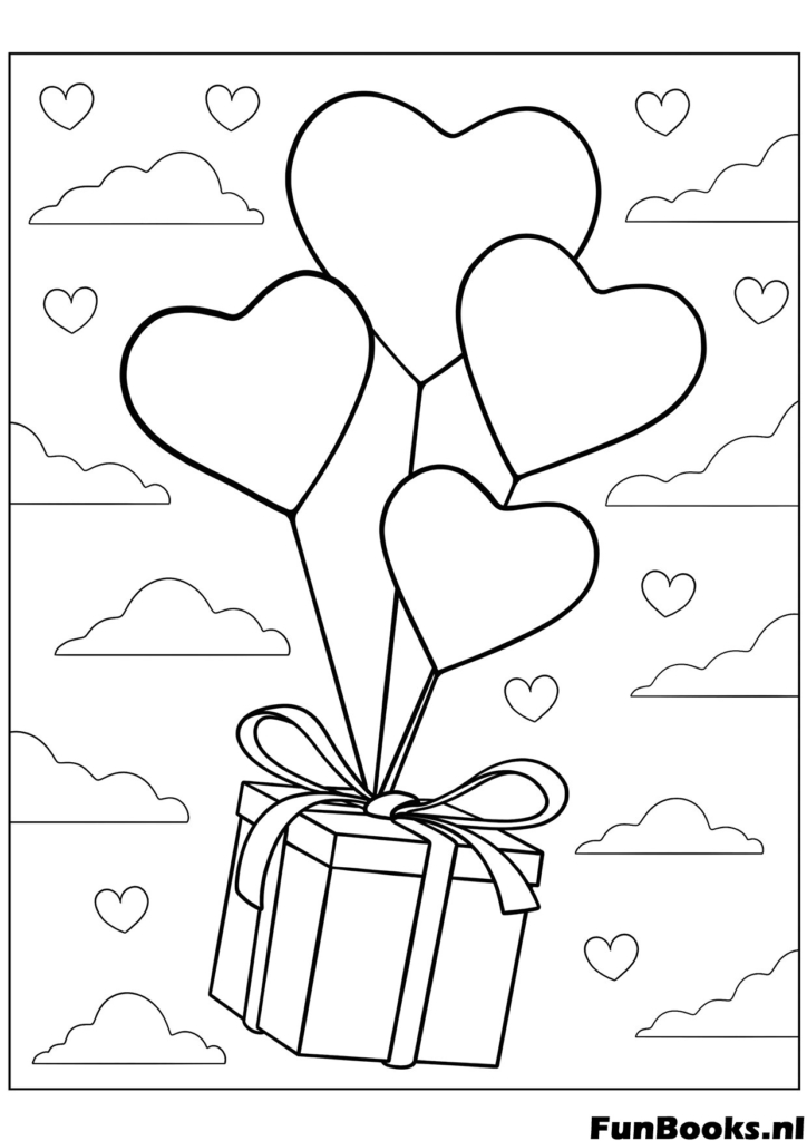 Bouquet de ballons en forme de cœur attachés à une boîte cadeau coloriage Saint-Valentin imprimable pour enfants