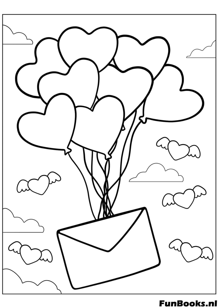 Bouquet de ballons cœur portant une lettre d'amour dans le ciel scène romantique coloriage pour anniversaire