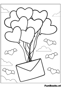 Bundle of heart balloons carrying a love letter into the sky romantic scene coloring page for anniversary