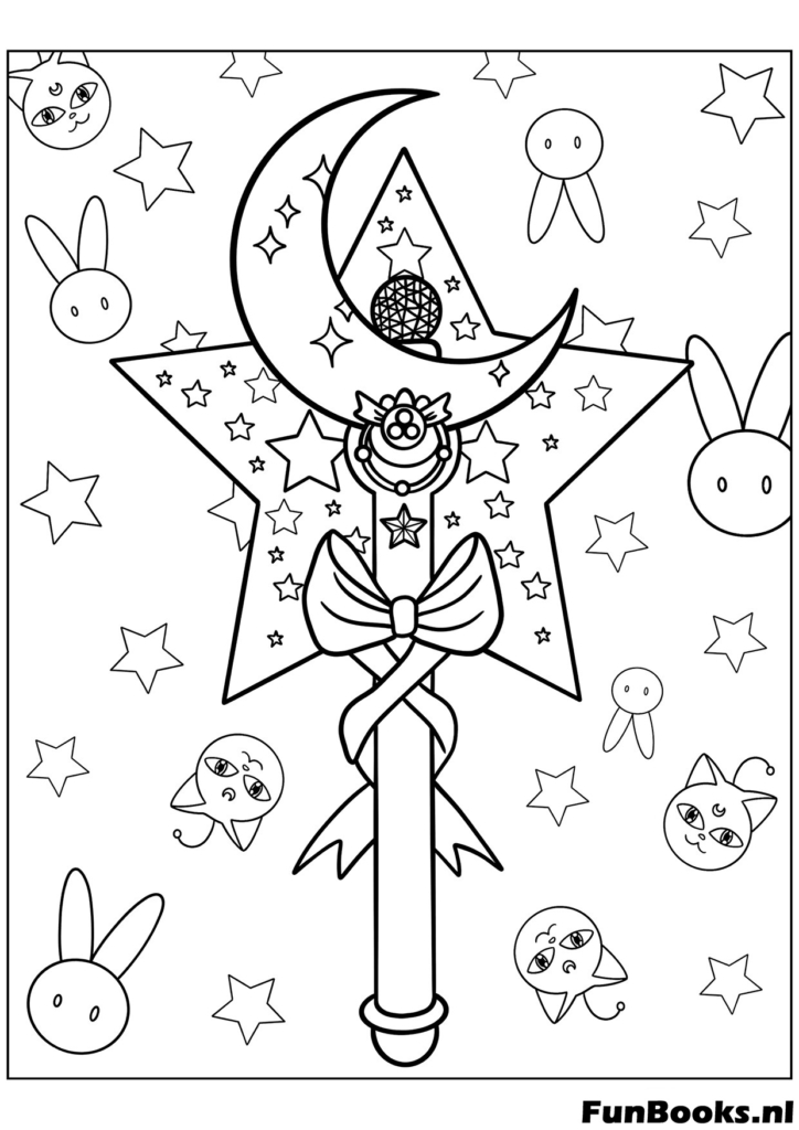 Gros plan détaillé du Bâton Lunaire baguette magique avec cristal et rubans coloriage