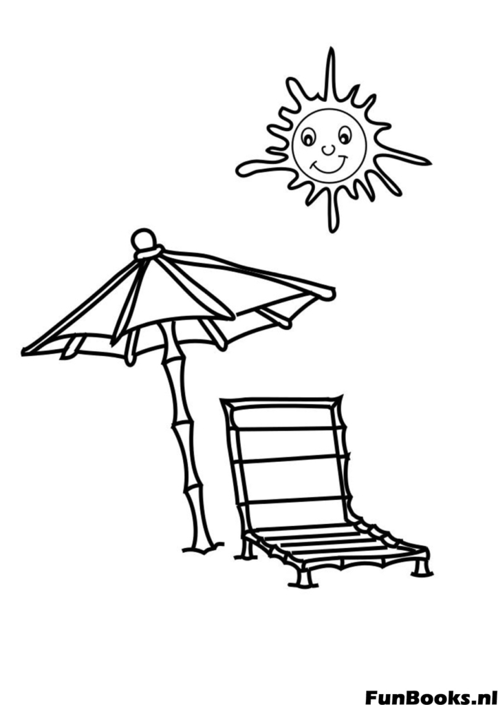 Relaxing scene with a beach umbrella and lounge chair by the sea coloring page