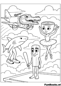 Cappuccino ballerina playing volleyball on the beach with a plane in the sky summer coloring page
