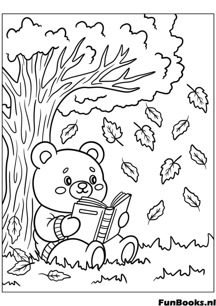 Bear sitting under a tree reading a book with falling leaves cozy autumn coloring page
