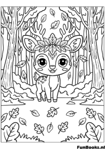 Lindo bebé ciervo cervatillo de pie en el bosque de otoño naturaleza dibujo para colorear