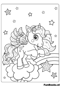 Pequeño bebé unicornio alado jugando en las nubes con estrellas dibujo para colorear