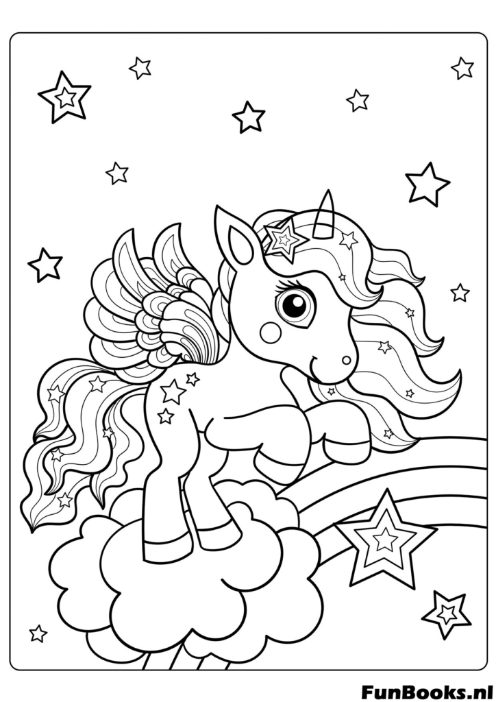 Pequeño bebé unicornio alado jugando en las nubes con estrellas dibujo para colorear