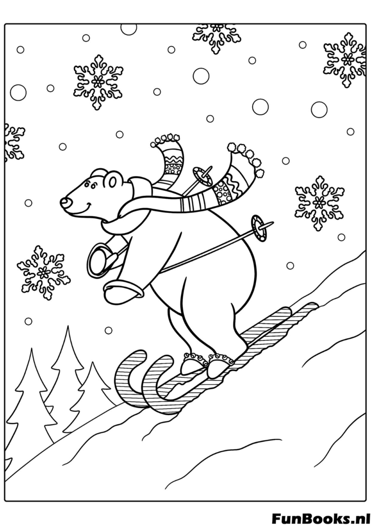 Grappige beer skiët van een besneeuwde berghelling met een sjaal om wintersport kleurplaat