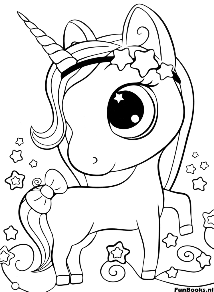 Kawaii unicorn with huge eyes and bow looking back over shoulder coloring page